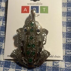 Silver Frog Pendant with Green Accents